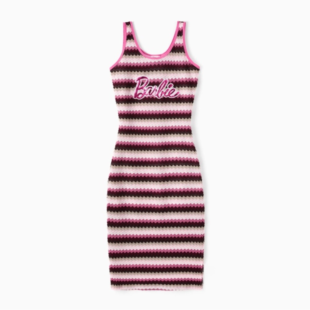 Women Barbie Embroidered Striped Sleeveless Knitted Women Dress, Size XL